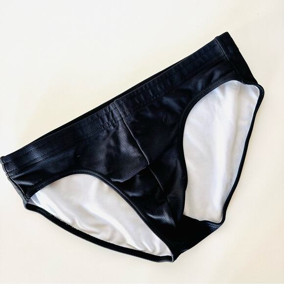 MENS TADLEE Black Stripe Textured Speedo Swimsuit Bikini Low Rise Swim Brief M - Picture 1 of 7